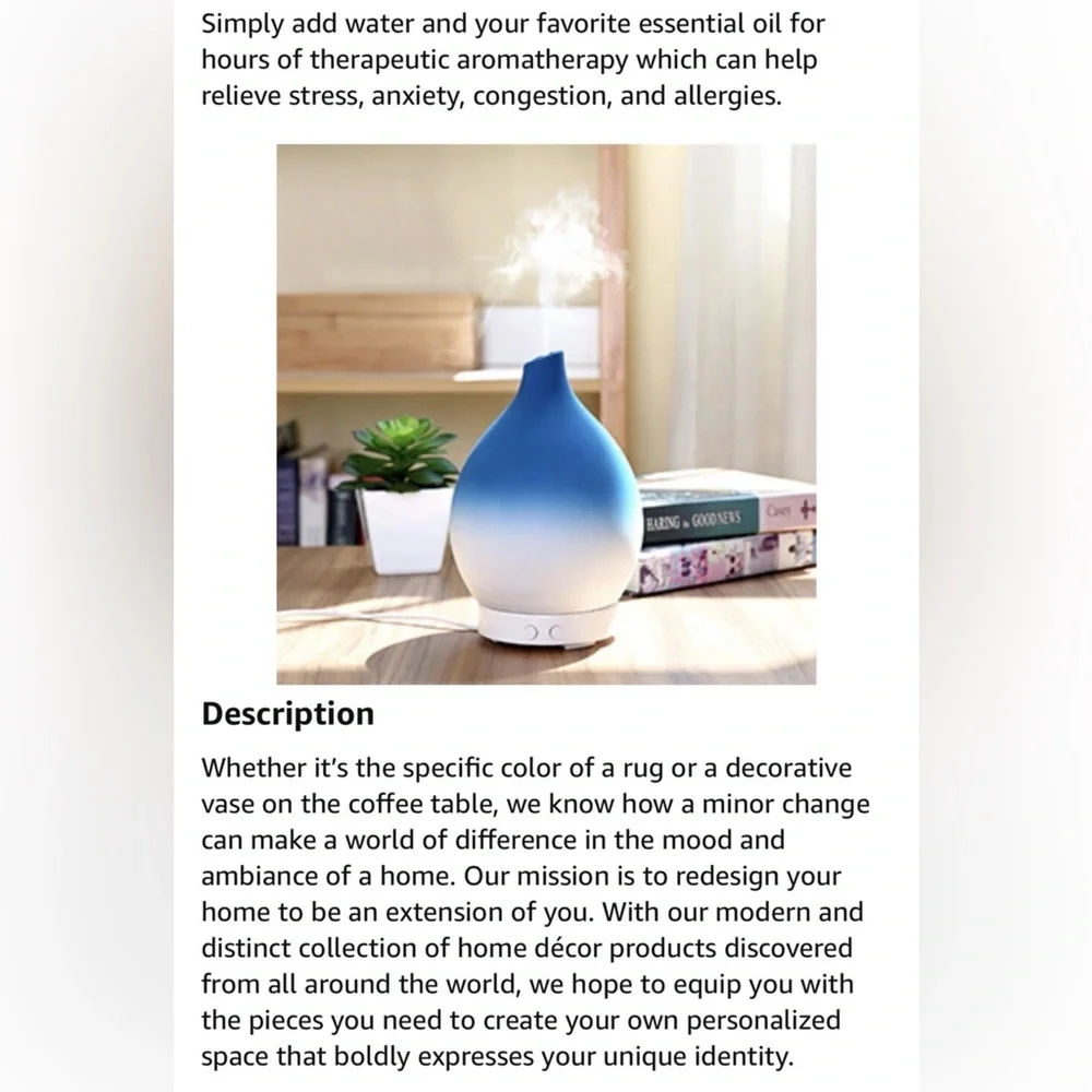 Design Accents Aroma Diffuser Ceramic Ultrasonic Aroma Diffuser NEW Sealed